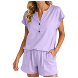 Purpdrank  Women Solid Color Two Piece Set V Neck Half Button Short Sleeve Top And High Waist Shorts With Pockets Soft Casual Office Suits