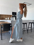 Purpdrank  Trendy Women's Summer Lace up Denim Dresses Sleevess Single Breasted Long Dress Female Vintage Washed Casual Beach Streetwear