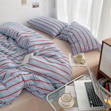 Purpdrank  Simple Red and Blue Striped Quilt Cover Bed Sheet Four-piece Set Washed Cotton Bedding College Dormitory Three-piece Set