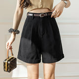 Purpdrank  Fashion Overalls Shorts Women Spring Summer Casual High-waisted Wide Leg Pants Short Pants with Belt Outwear Black Shorts 2025