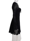Purpdrank  Sexy Sparkly Sheer Mesh Party Dress Women Fashion Black Tie-up Low Cut Front Long Sleeve A Line Mini Midnight Club Dress