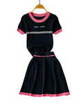 Purpdrank  Korean Sle Student Stripe Knitted T-irt Top High Waist A-Line Skirt Set round Ne ort Sve Casual Faion Ensemble