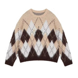 Purpdrank  Red Green Argyle Sweater for Women Comfy Knitted Crew Neck Loose-fit Pullovers Female Christmas Sweater Autumn Winter Outfit