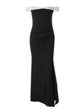 Purpdrank  Elegant Color Match Off Shoulder Long Dress for Women Sexy Sleeveless Slim Waist High Slit Evening Party Club Maxi Dress