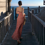 Purpdrank  Slightly Tipsy Rum Lace Color-Block Floral Strap Long Dress for Women Summer Slim Fit