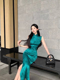 Purpdrank  Vintage Peacock Blue Green Sleeveless Dress Qipao New Chinese Style Printed Long Elegant Floral Print Cheongsam Slim Morden