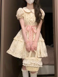 Purpdrank  Sweet Floral Doll Collar Princess Style Dress Women's Summer Bubble Sleeve Short Waist Cinched Fluffy Skirt Citywalk A-Line