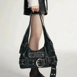 Purpdrank  Belt buckle Women PU Rivet Multiple Pockets Shoulder Bag for Women Y2k Gothic Aged Leather New Designer Luxury Fashion Tote Bag