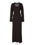 Purpdrank - Scoop Neck Lace-Up Ribbed Maxi Dress Female Long Sleeve Fashion Slim Loose Bandage Dress Autumn 2023 Solid Women Dress New