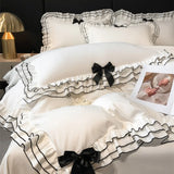 Purpdrank  Korean Style Lace Ruffles Princess Bedding Set, Duvet Cover, Bed Skirt, Fitted Sheet, Flat Sheet, Pillowcases, Black Bow, White
