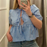 Purpdrank  Women’s Tie Front Peplum Tops Summer Cute Puff Short Sleeve Round Neck Plaid Print Loose Shirts Spring Fall Preppy Blouses Y2K