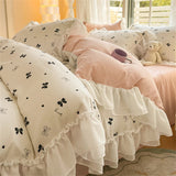 Purpdrank  Skin Friendly Printed Bedding Set With Lace Duvet Cover Bed Sheet Pillowcases A-Class Four Piece Set Bedroom Decor Home Textiles