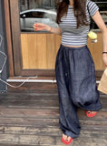 Purpdrank  Chic Autumn New Retro All-Match Elastic Waist Dstring Loose Casual Wide Leg Jeans Women's Trousers Casual Loose Fit Jeans