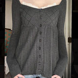 Purpdrank  Autumn Sweet U Neck Long Sleeve Lace Patchwork Slim Waist Single Breasted Knitted Pullover