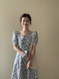 Purpdrank  French Print Dress Women's Summer Waist Square Neck Dress