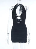 Purpdrank  Women's Sexy Black Halter Neck Bodycon Mini Dress Rhinestone Detail Cut Out Ruched Party Dress