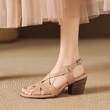 Purpdrank   Shoes Woman Summer Plus Size 34-42 Women's Cow Leather Narrow Band Cross Strap Hollow-out 6cm Thick Low Heel Casual Shoes