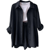 Purpdrank  Summer Cotton Linen High Waist Shirt Shorts Women Turn Down Collar Long Sleeve Tops and Shorts Suit Cotton Casual Two Piece Sets