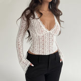 Purpdrank  See Through Sexy Lace T-Shirt Elegant Fashion Slim-Fitting Deep V-Neck Long Flare Sleeve Tees Women Layering Tops Y2K Streetwear
