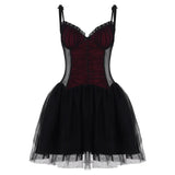 Purpdrank  Gothic Black Bow Spaghetti Strap Dress Women Fashion Ruched V Neck Sleeveless Mesh Patchwork A Line Mini Dress Clubwear