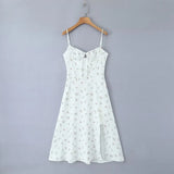 Purpdrank  Sexy White Floral Print Cross Lacing up Bandage Back Sling Dress Women Corset Style Bow Ruched Chest Hem Slit Swing Midi Robe