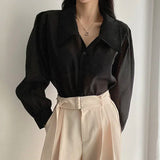 Purpdrank  Korean Chic Sheer Blouse Women Sexy Single Breasted Black Shirts Thin Bubble Sleeve Sunscreen Tops Female Summer Fashion