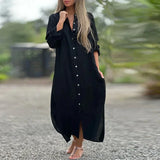Purpdrank  Long Sleeve Maxi Dresses Women Turn Down Collar Casual Cotton Linen Button Shirt Dress Holiday Long Dresses Robe