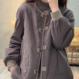 Purpdrank  Vintage Patchwork Cotton-padded Jacket Winter Women's Clothing Warm Parkas Long Sleeve Coat Single-breasted Pockets Short Tops