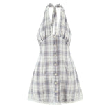 Purpdrank  Sexy Front Open Buttons Plaid Spliced Lace Tie Bow Halter V Collar Mini Dress Women No Back Backless A-line Short Dresses Robe