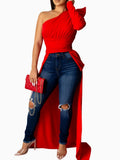 Purpdrank  Solid One Shoulder Long Sleeve Blouse Skew Collar Dip Hem Shirts
