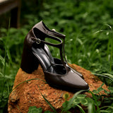 Purpdrank  New Fashion Lacquer Leather T-shaped Pumps Round Toe Square Heel Straw Shoes French High Heels One Button Baotou Sandals