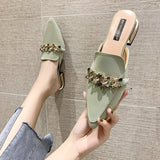 Purpdrank - Slippers Women New Chain Mules Women Slides Square Toe Ladies Striped Shoes Summer Fashion Footwear Square Heel Women Shoes