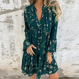 Purpdrank  Gold Bronzing Geometry Print Pleated Dresses Women Spring V Neck Button Hollow A-Line Dress Autumn Flare Sleeve Lace Party Dress