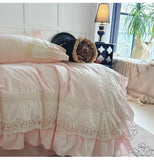 Purpdrank  Pink Luxury Princess Wedding Lace Ruffles 100% Cotton Bedding Set Duvet Cover Bed Sheet/Bed Skirt/Fitted Sheet Pillowcases 4Pcs