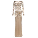 Purpdrank  Women's Elegant Champagne Square Neck Long Sleeve Maxi Dress New Stylish Ruched Slim Bodycon Dress for Eveing Party Gown