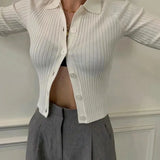 Purpdrank  CHIC Retro Knitting Single Breasted Button Lapel Cardigan Sweater Woman Stripe line Long Sleeve Jumper Knitted Knitwear