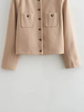 Purpdrank  Luxury Spring Autumn Bomber Jackets New Single-Button O-Neck Pocket Soft Short Tops Long-Sleeve Jacket for Women Harajuku Coats