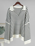 Purpdrank  Knit Striped Women Sweater Full Sleeve Deep V Neck Female Top 2025 Fashion Casual Autumn Loose Turn-down Collar Lady Pullovers