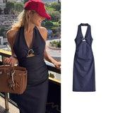 Purpdrank  Denim Dress Summer 2025 New Fashion Slim V-neck Hanging Neck Elegant Long Dress Women Street Holiday Chic Youth Party Dress