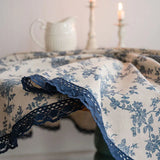 Purpdrank  Round 150Cm Blue Rose Printed Tablecloth Romantic Cotton and Linen Dust-Proof Table Cover Retro Lace Trim Furniture Protector