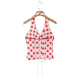 Purpdrank  Sexy Red Plaid Halter Collar Front Hook Buttons Slim Tank Top Women Bow Cross Bandage Lacing Up Back Zipper Camisole Summer Vest