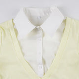 Purpdrank  Sweet Korean Style Knit Top for Women Fashion Color Block Fake Two-Piece Turn Down Collar Long Sleeve Slim Pullover Tops