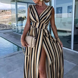 Purpdrank  Fashion Striped Printed Temperament Dress Sexy V-neck Split Hight Waist Slim Long Dress Women's Elegant Sleeveless Party Dresses