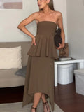 Purpdrank  Brown 2 Pieces Set For Woman Casual Pleated Sleeveless Tube Top Irregular Long Skirt Elegant Spring Summer Lady Office Suit New
