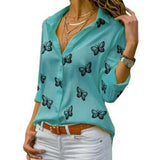 Purpdrank Women Long Sleeve Blouse Oversized Spring Autumn Turn Down Collar Loose Office Lady Casual Butterfly Printing Basic