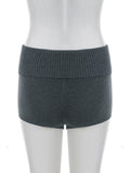 Purpdrank  Women Casual Gray Knit Shorts American Retro Style Folded Slit Elastic Waist Slim Pure Color Stretch Shorts for Home Wear
