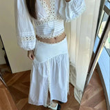 Purpdrank  Summer White Lace Slit Skirt French Elegant Folds Long Skirt Balletcore Y2k High Waist Loose a-Line Skirt Mujer Faldas 514A