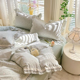 Purpdrank  Korean Princess Style Floral Prints Ruffles Bedding Set Double Layer Yarn 100% Cotton Duvet Cover Pillowcases Bed Sheet 4Pcs