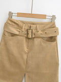 Purpdrank  New Autumn Sexy With Buckle Belt High Waist Suede Pencil Skirt for Women Above Knee Length Package Hips Front Slit Skirts Khaki