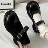 Purpdrank  Women's Retro British Style Black Leather Shoes 34-46 Large Size Uniform Single Shoes Thick Bottom Flat Heels round Toe